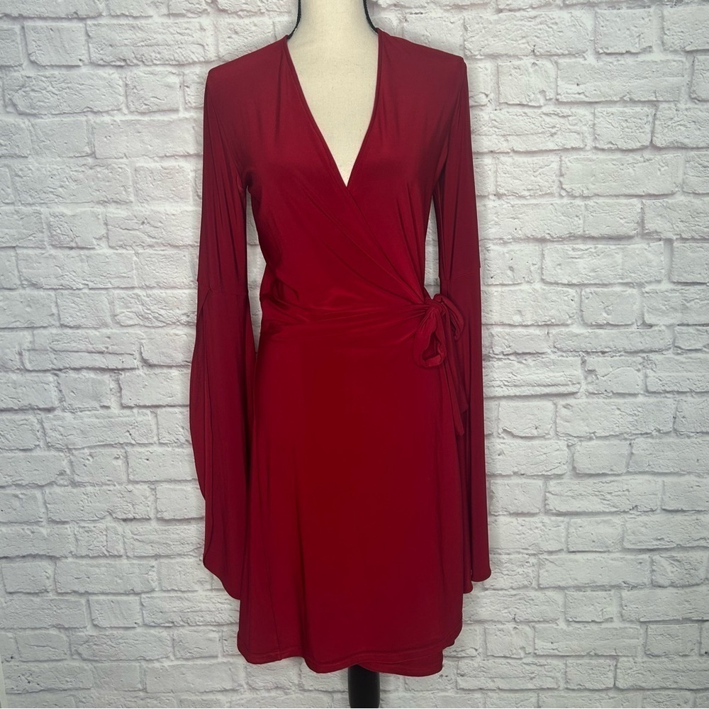 Abi Ferrin Red Bell Sleeve Wrap Dress - Picture 3 of 13